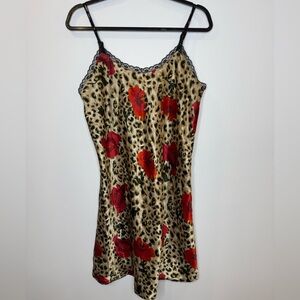 Vintage satiny Leopard Red Floral lace trim mini slip Dress